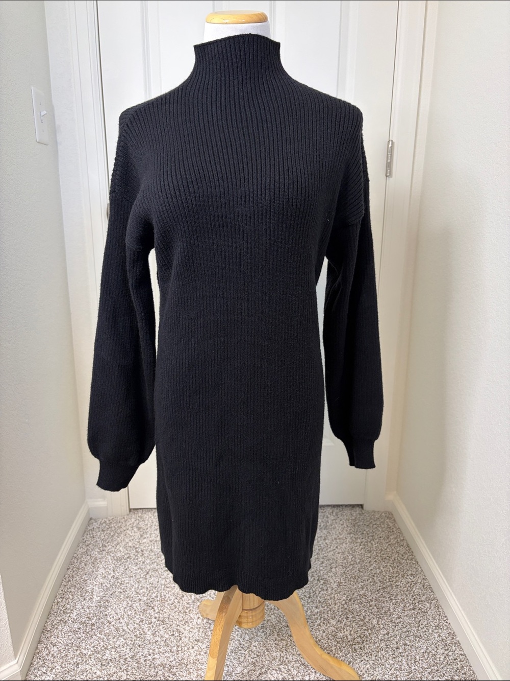 Lumiere Black Ribbed Knit Turtleneck Dress